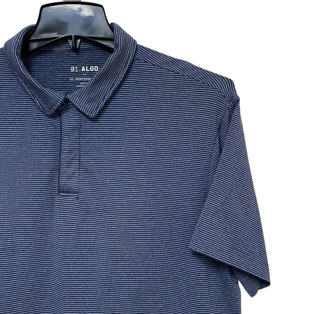 01.Algo Polo Shirt Mens XL Extra Large Blue Striped Wicking UV SPF 40 Golf